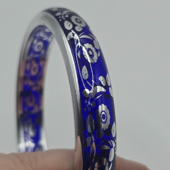 Silver and Blue Bangle Bracelet Floral Design Boho Statement Jewelry - Picture 2 of 9